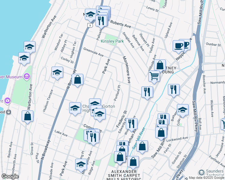map of restaurants, bars, coffee shops, grocery stores, and more near 8 Eastview Avenue in Yonkers