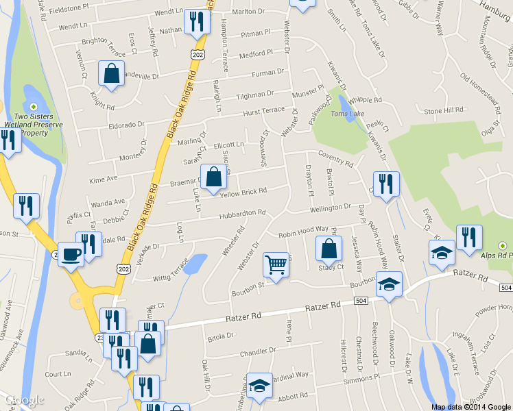 map of restaurants, bars, coffee shops, grocery stores, and more near 73 Hubbardton Road in Wayne