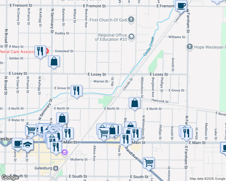 map of restaurants, bars, coffee shops, grocery stores, and more near 968 East Grove Street in Galesburg