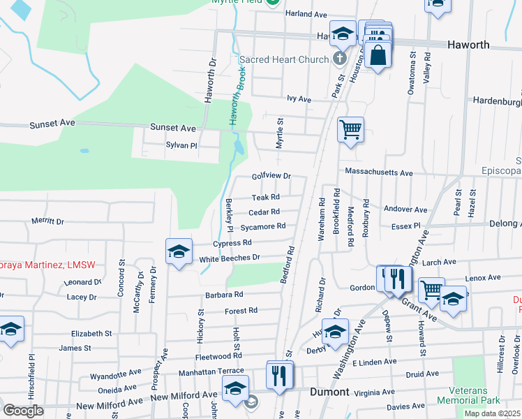map of restaurants, bars, coffee shops, grocery stores, and more near 50 Cedar Road in Dumont