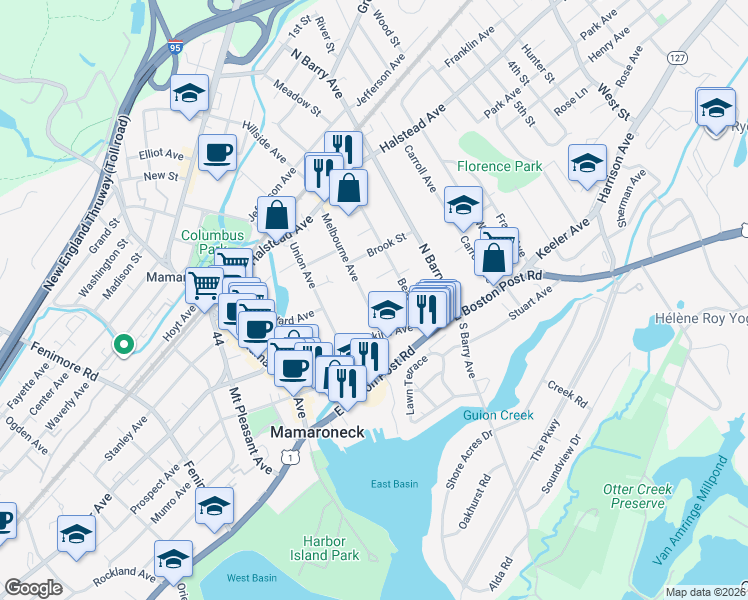 map of restaurants, bars, coffee shops, grocery stores, and more near 510 Pine Street in Mamaroneck