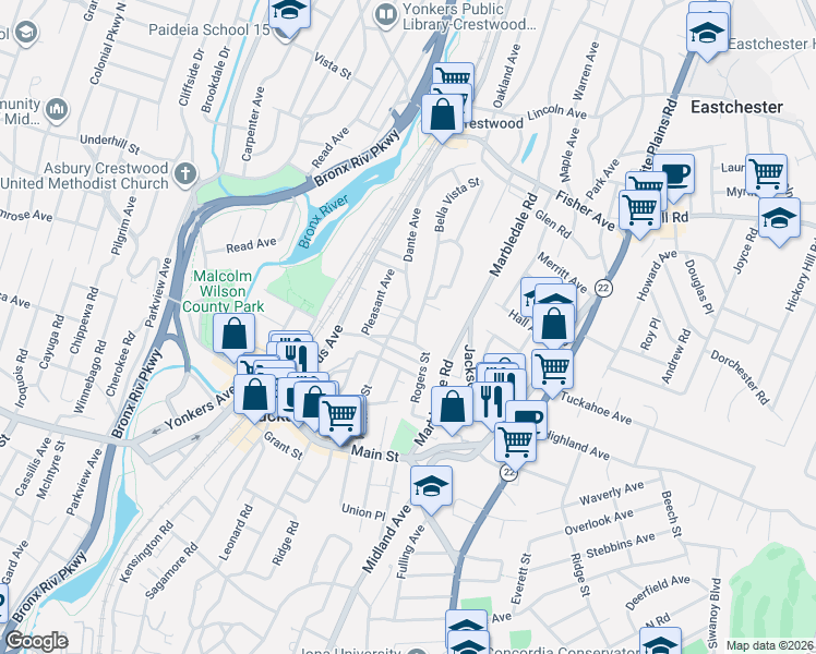 map of restaurants, bars, coffee shops, grocery stores, and more near 8 Circle Road in Tuckahoe