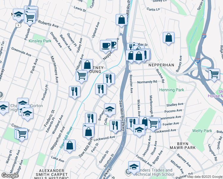 map of restaurants, bars, coffee shops, grocery stores, and more near 19 Lane Street in Yonkers