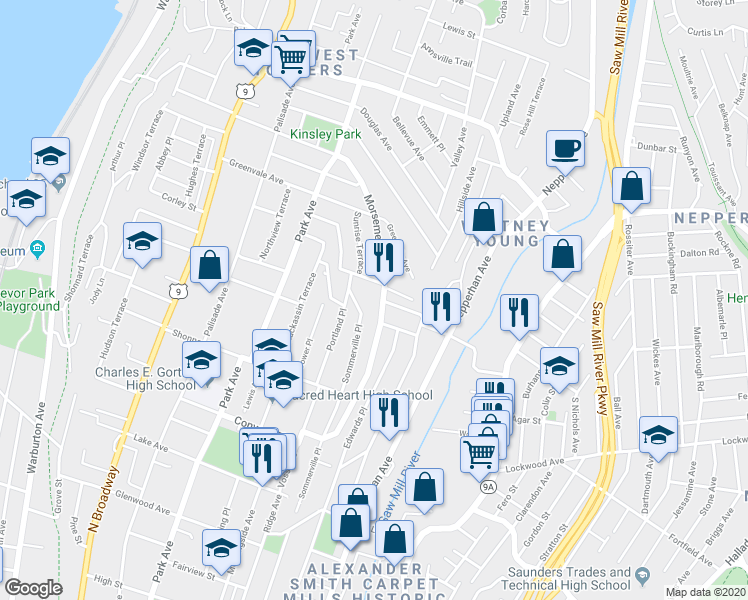 map of restaurants, bars, coffee shops, grocery stores, and more near 402 Sommerville Place in Yonkers