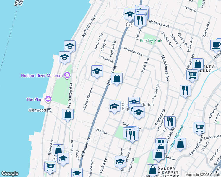 map of restaurants, bars, coffee shops, grocery stores, and more near 536 North Broadway in Yonkers