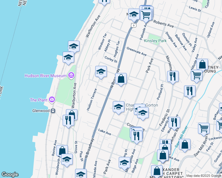 map of restaurants, bars, coffee shops, grocery stores, and more near 536 North Broadway in Yonkers