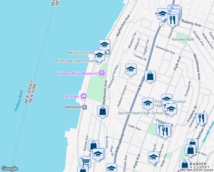 map of restaurants, bars, coffee shops, grocery stores, and more near 484 Warburton Avenue in Yonkers
