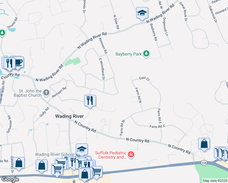 map of restaurants, bars, coffee shops, grocery stores, and more near 242 Remsen Road in Wading River