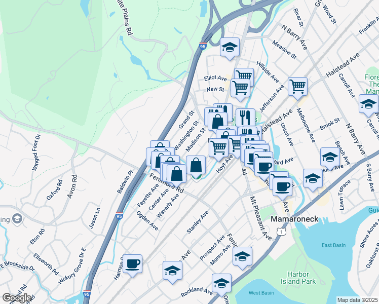 map of restaurants, bars, coffee shops, grocery stores, and more near 238 Madison Street in Mamaroneck