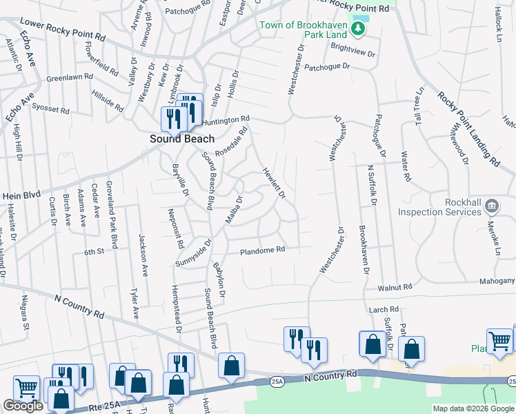 map of restaurants, bars, coffee shops, grocery stores, and more near 36 Sayville Road in Sound Beach