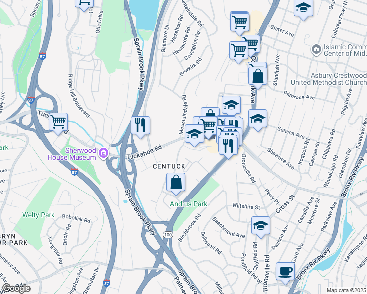 map of restaurants, bars, coffee shops, grocery stores, and more near 50 Wainwright Avenue in Yonkers