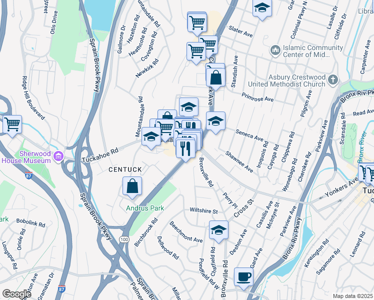 map of restaurants, bars, coffee shops, grocery stores, and more near in Yonkers