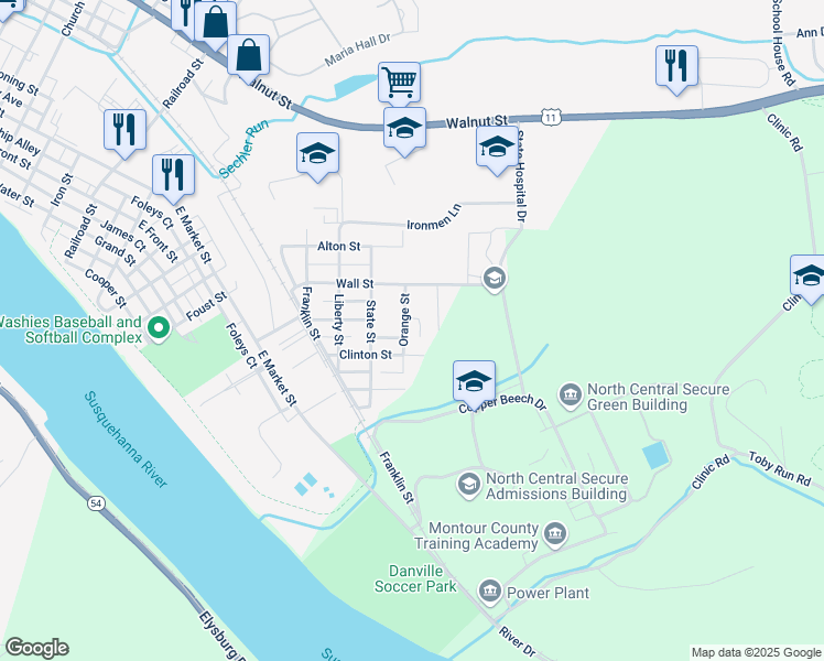 map of restaurants, bars, coffee shops, grocery stores, and more near 654 Orange Street in Danville