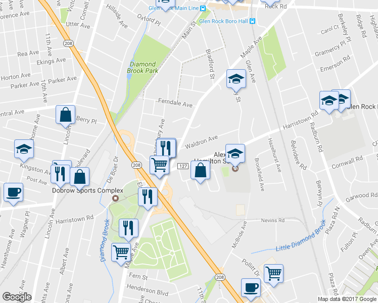 map of restaurants, bars, coffee shops, grocery stores, and more near 14 Waldron Avenue in Glen Rock