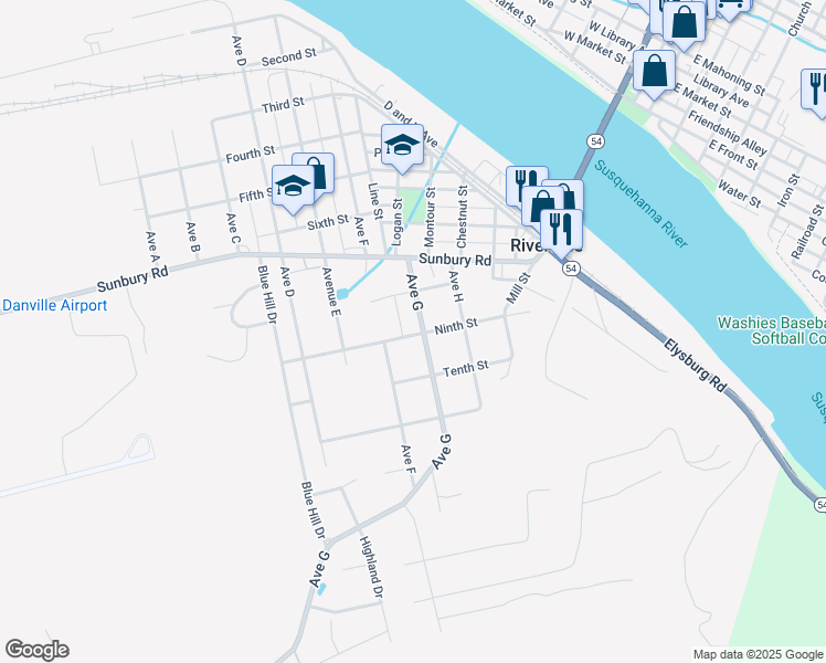 map of restaurants, bars, coffee shops, grocery stores, and more near 828 Avenue G in Danville