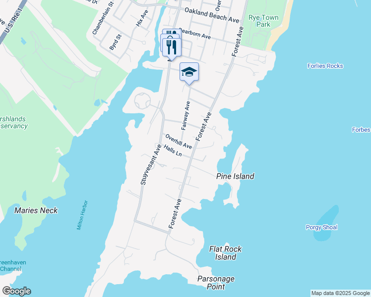 map of restaurants, bars, coffee shops, grocery stores, and more near 11 Overhill Avenue in Rye
