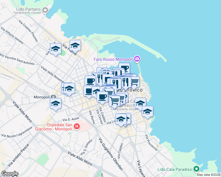map of restaurants, bars, coffee shops, grocery stores, and more near 14 Via Barnaba Giovanni in Monopoli