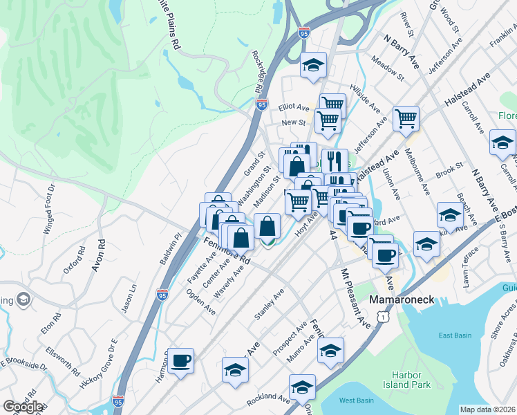 map of restaurants, bars, coffee shops, grocery stores, and more near 238 Madison Street in Mamaroneck