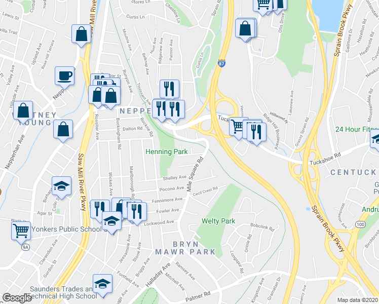 map of restaurants, bars, coffee shops, grocery stores, and more near 39 Midwood Avenue in Yonkers