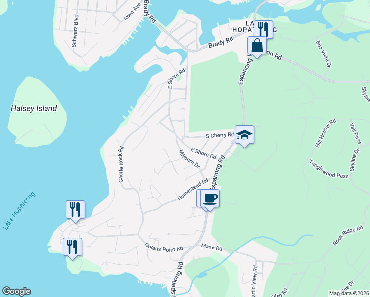 map of restaurants, bars, coffee shops, grocery stores, and more near 25 East Shore Road in Jefferson