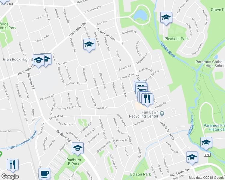 map of restaurants, bars, coffee shops, grocery stores, and more near 200 Delmar Avenue in Glen Rock