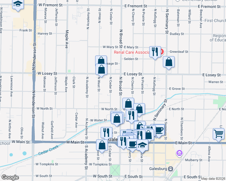 map of restaurants, bars, coffee shops, grocery stores, and more near 481 North Cedar Street in Galesburg
