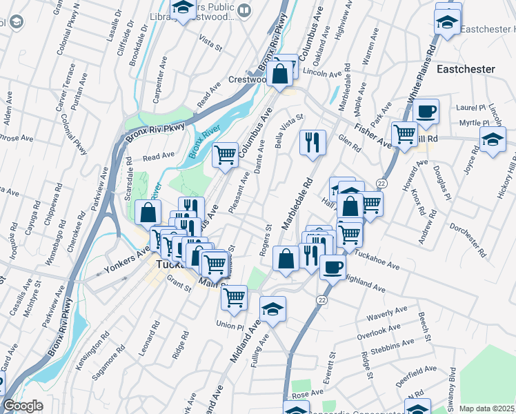 map of restaurants, bars, coffee shops, grocery stores, and more near 8 Circle Road in Tuckahoe