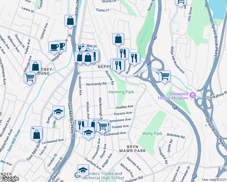map of restaurants, bars, coffee shops, grocery stores, and more near 196 Rockne Road in Yonkers
