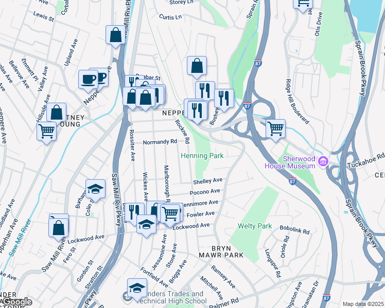 map of restaurants, bars, coffee shops, grocery stores, and more near 196 Rockne Road in Yonkers