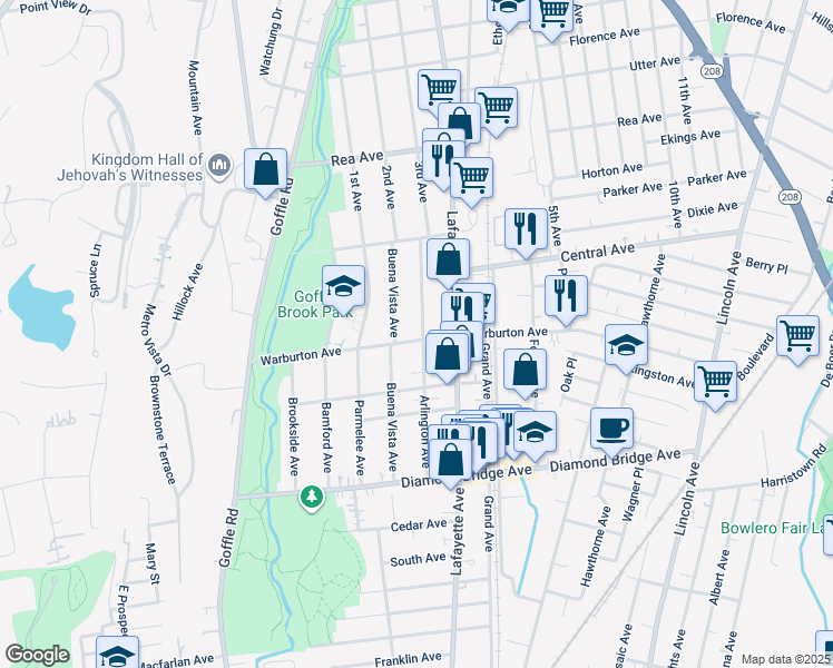 map of restaurants, bars, coffee shops, grocery stores, and more near 120 Arlington Avenue in Hawthorne