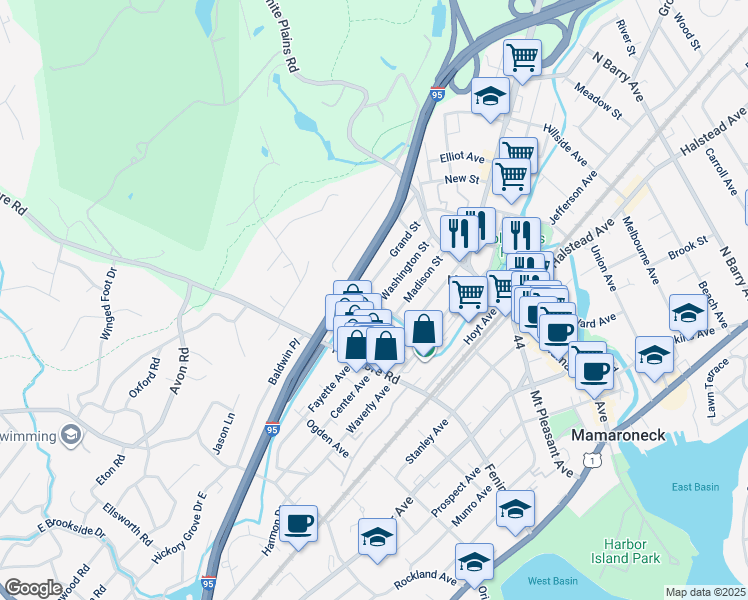 map of restaurants, bars, coffee shops, grocery stores, and more near 271 Washington Street in Mamaroneck