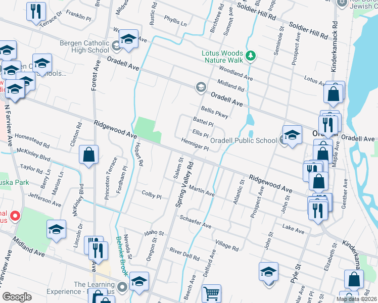 map of restaurants, bars, coffee shops, grocery stores, and more near 840 East Ridgewood Avenue in Oradell