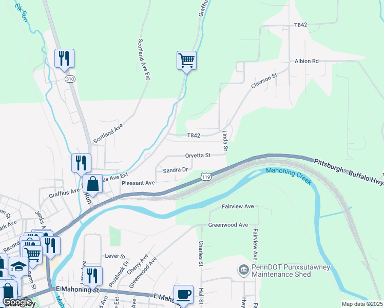 map of restaurants, bars, coffee shops, grocery stores, and more near 122 Orvetta Street in Punxsutawney