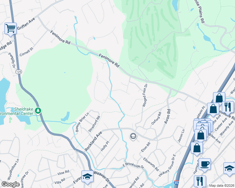 map of restaurants, bars, coffee shops, grocery stores, and more near 9 York Road in Larchmont