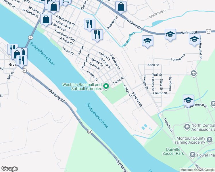map of restaurants, bars, coffee shops, grocery stores, and more near 43 Foust Street in Danville