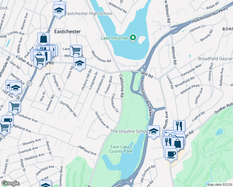 map of restaurants, bars, coffee shops, grocery stores, and more near 7 Columbus Circle in Eastchester