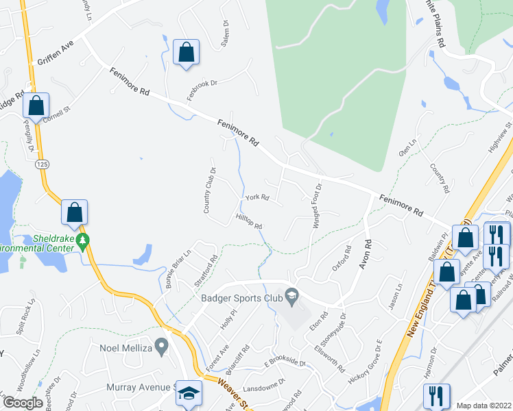map of restaurants, bars, coffee shops, grocery stores, and more near 9 York Road in Larchmont