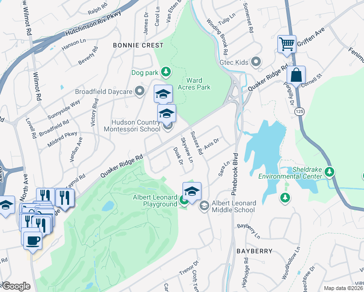 map of restaurants, bars, coffee shops, grocery stores, and more near 24 Skyview Lane in New Rochelle