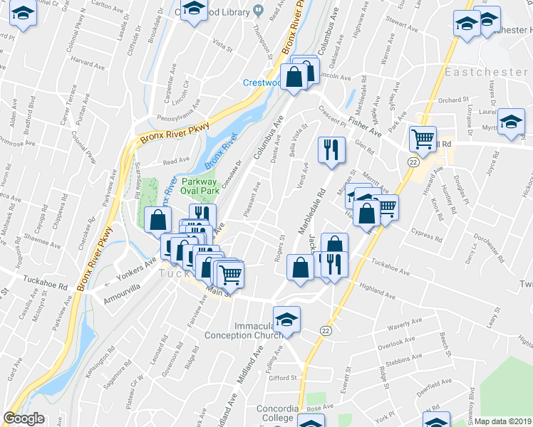 map of restaurants, bars, coffee shops, grocery stores, and more near 8 Circle Road in Tuckahoe