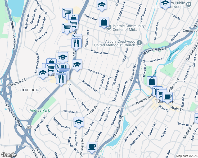 map of restaurants, bars, coffee shops, grocery stores, and more near 69 Iroquois Road in Yonkers