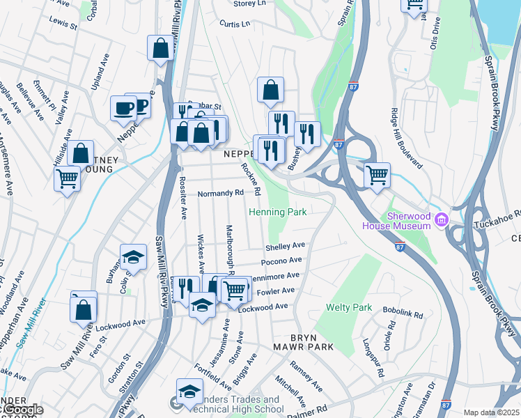 map of restaurants, bars, coffee shops, grocery stores, and more near 196 Rockne Road in Yonkers