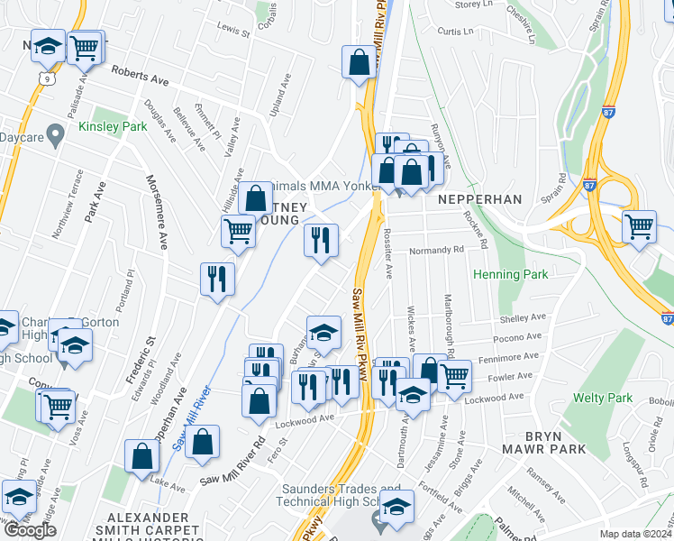 map of restaurants, bars, coffee shops, grocery stores, and more near 19 Lane Street in Yonkers