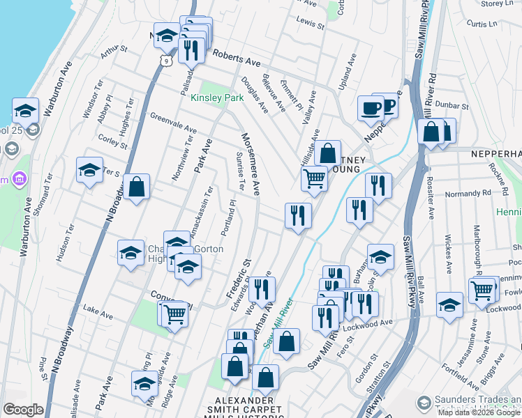 map of restaurants, bars, coffee shops, grocery stores, and more near 51 Montague Street in Yonkers