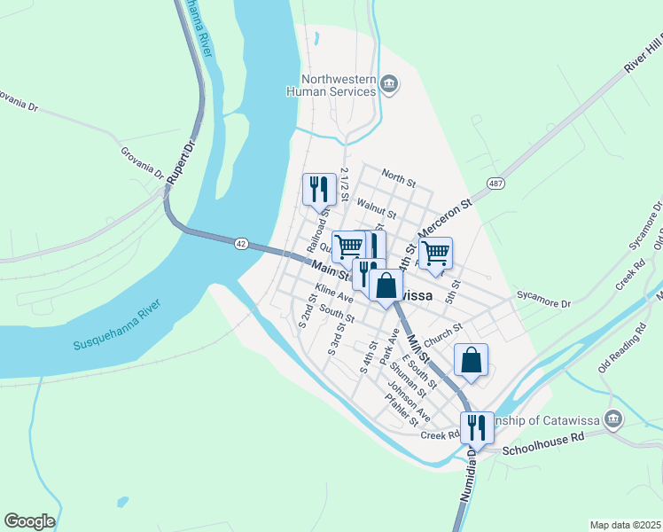 map of restaurants, bars, coffee shops, grocery stores, and more near 223 Main Street in Catawissa