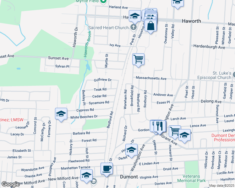 map of restaurants, bars, coffee shops, grocery stores, and more near 247 Bedford Road in Dumont