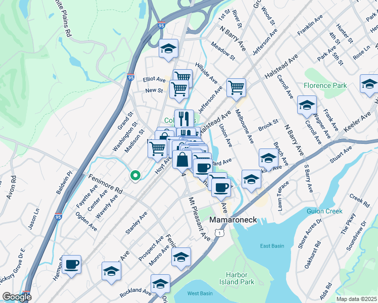 map of restaurants, bars, coffee shops, grocery stores, and more near 498 Mount Pleasant Avenue in Mamaroneck