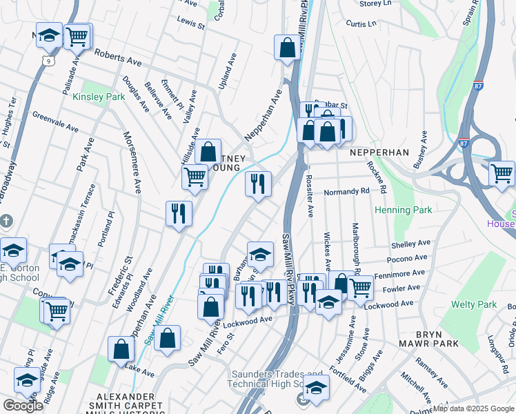 map of restaurants, bars, coffee shops, grocery stores, and more near 19 Lane Street in Yonkers