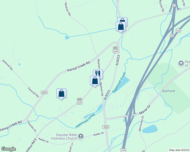 map of restaurants, bars, coffee shops, grocery stores, and more near 3367 Neyhart Road in Stroudsburg