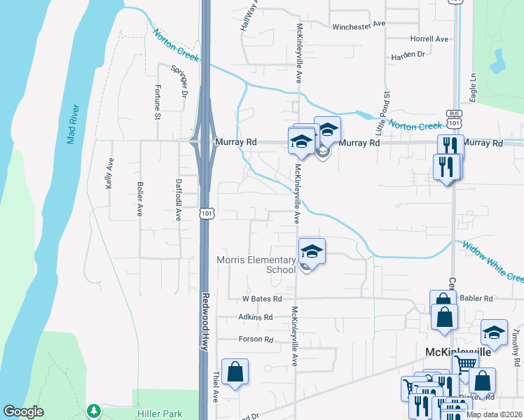 map of restaurants, bars, coffee shops, grocery stores, and more near 1101-1105 Swantado Court in McKinleyville