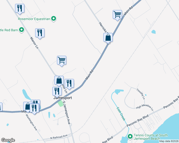 map of restaurants, bars, coffee shops, grocery stores, and more near 1739 Main Road in Laurel